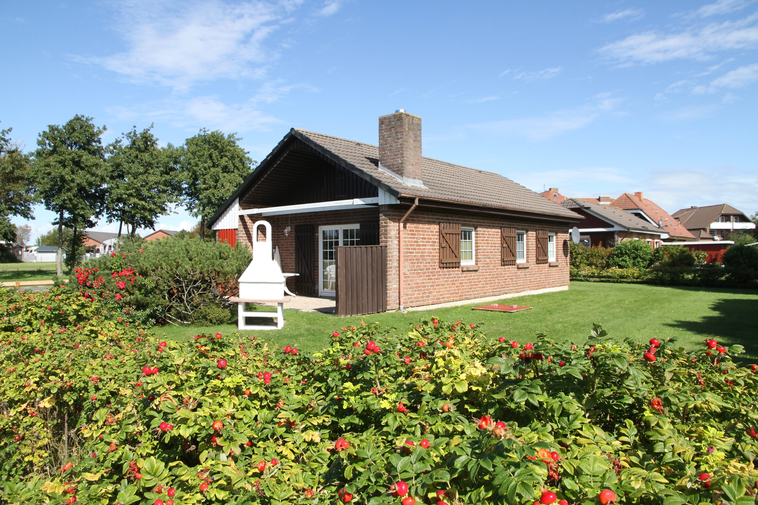 Das Ferienhaus Deichglück mit großem Garten und blühenden Heckenrosen